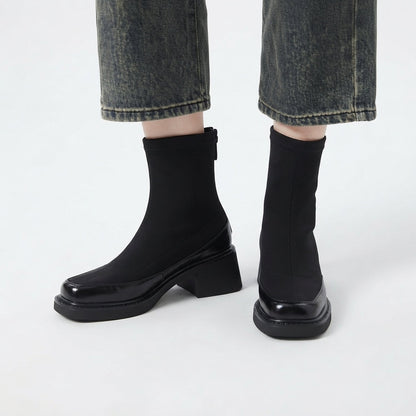 Sock boots dames enkellaarzen met blokhak en vierkante neus