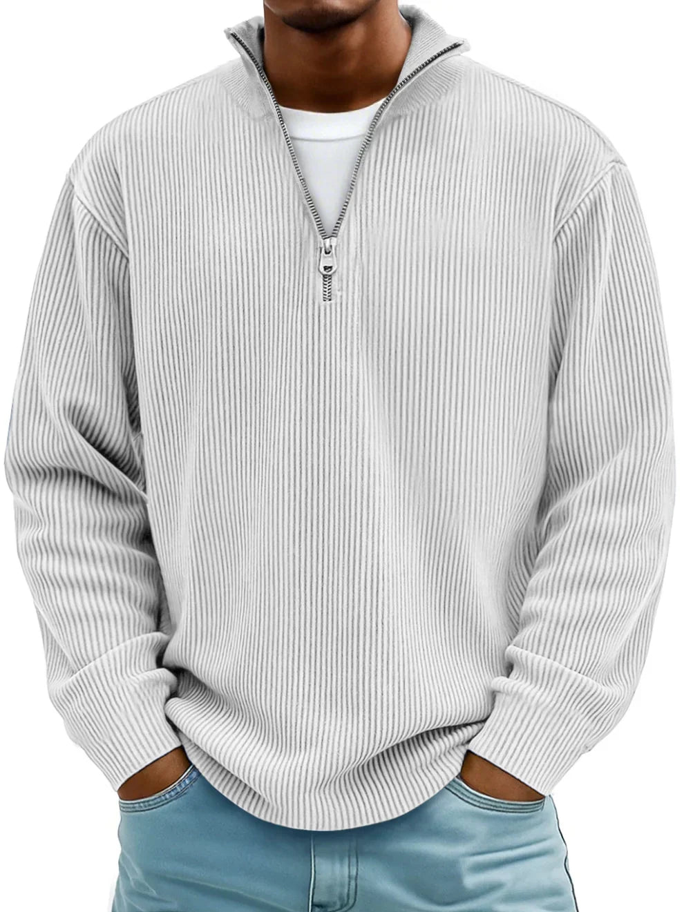 Geribde half zip trui heren met opstaande kraag en lange mouwen