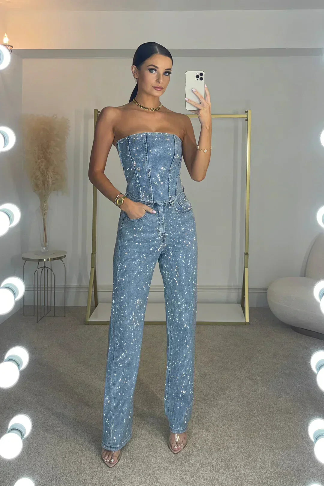 Strapless tweedelige set dames met glitter top en straight leg broek