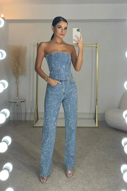 Strapless tweedelige set dames met glitter top en straight leg broek