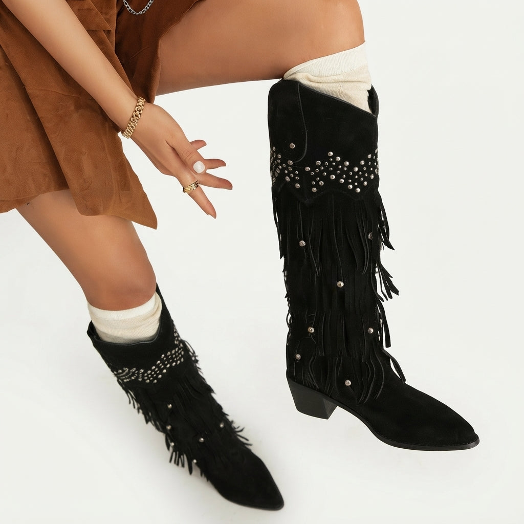 Kniehoge cowboylaarzen met franjes en studs voor dames
