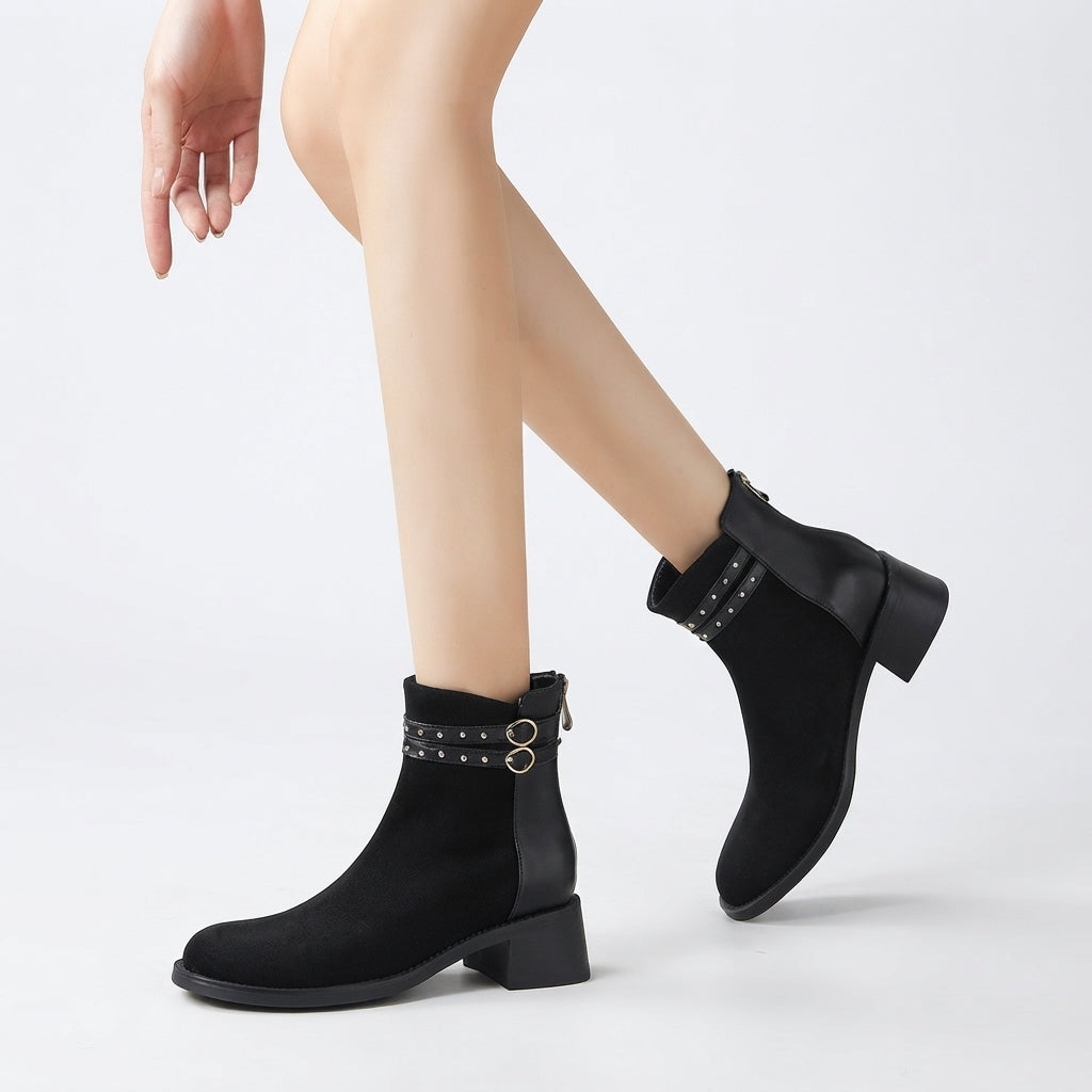 Enkellaarsjes dames met blokhak, studs en rits achter