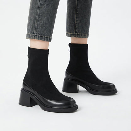 Sock boots dames enkellaarzen met blokhak en vierkante neus