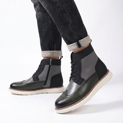 Enkelhoge brogue veterboots voor heren met zijrits en sneakerzool