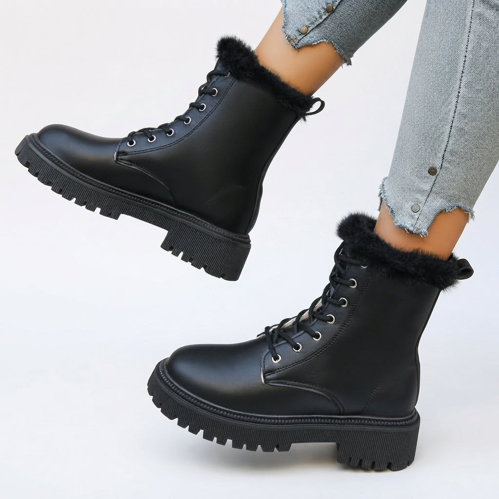 Gevoerde veterboots dames met chunky profielzool en warme kraag