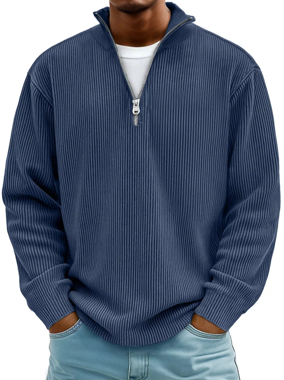 Geribde half zip trui heren met opstaande kraag en lange mouwen