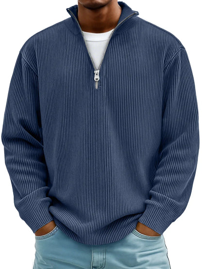 Geribde half zip trui heren met opstaande kraag en lange mouwen