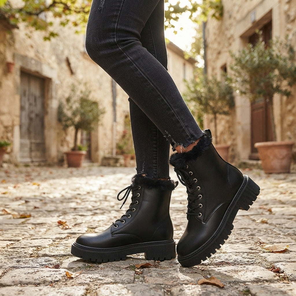 Gevoerde veterboots dames met chunky profielzool en warme kraag