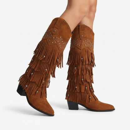 Kniehoge cowboylaarzen met franjes en studs voor dames