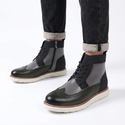Enkelhoge brogue veterboots voor heren met zijrits en sneakerzool