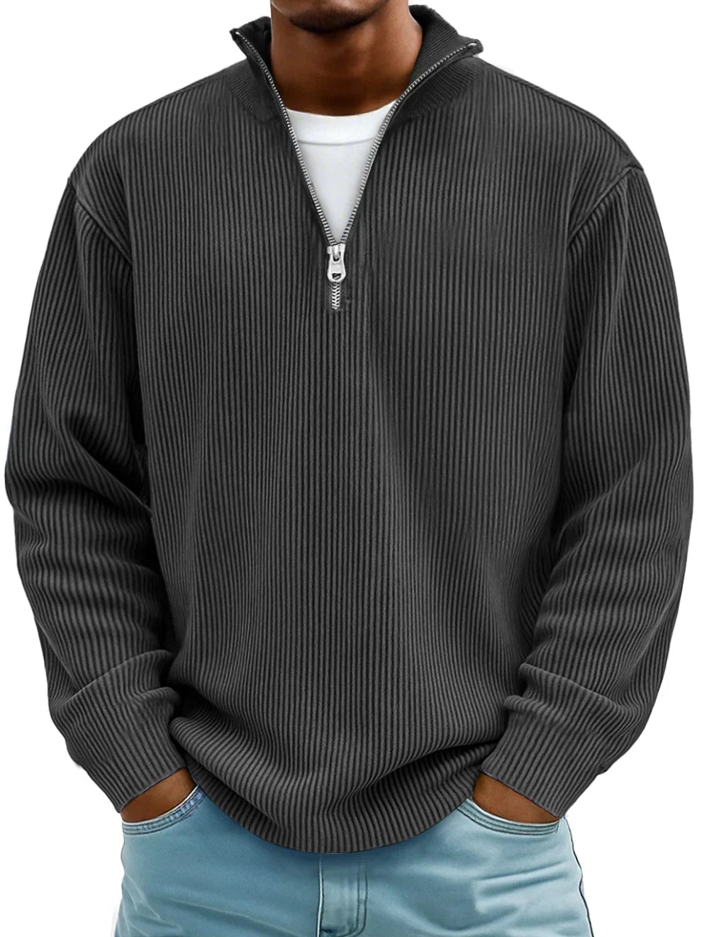 Geribde half zip trui heren met opstaande kraag en lange mouwen