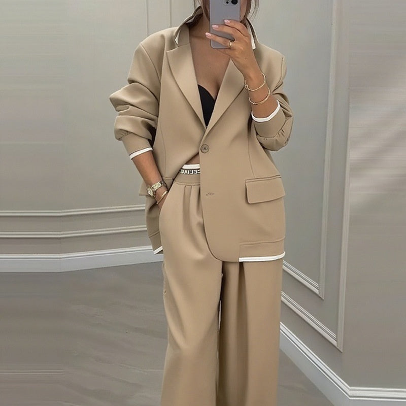 Tweedelige set dames met oversized blazer en wijde broek