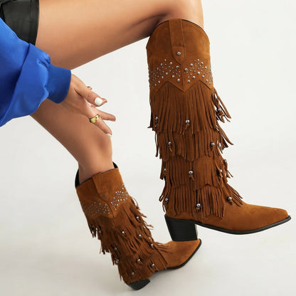 Kniehoge cowboylaarzen met franjes en studs voor dames