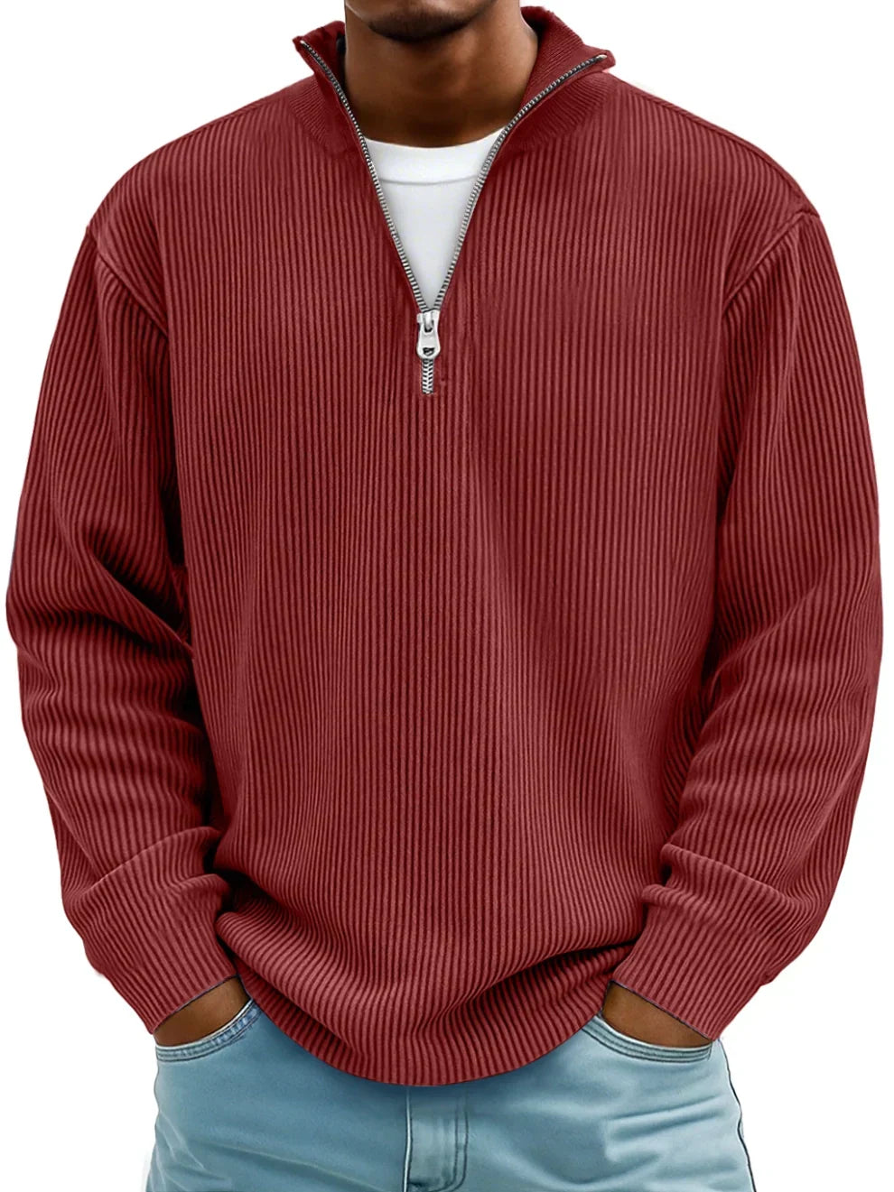 Geribde half zip trui heren met opstaande kraag en lange mouwen