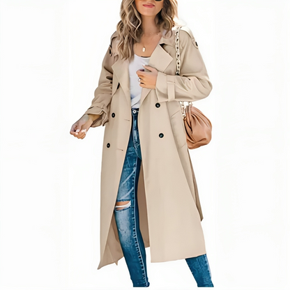 Double breasted lange trenchcoat dames met reverskraag