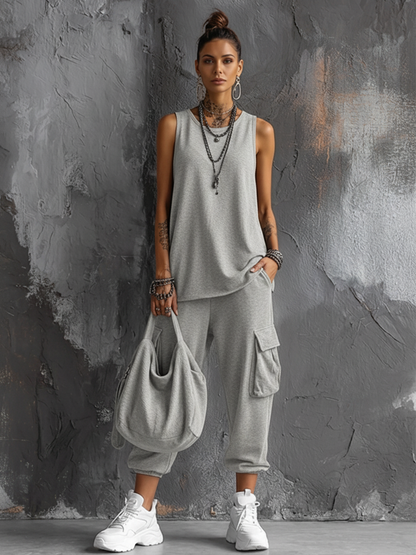 Mouwloze tweedelige set met cargo joggingbroek voor dames