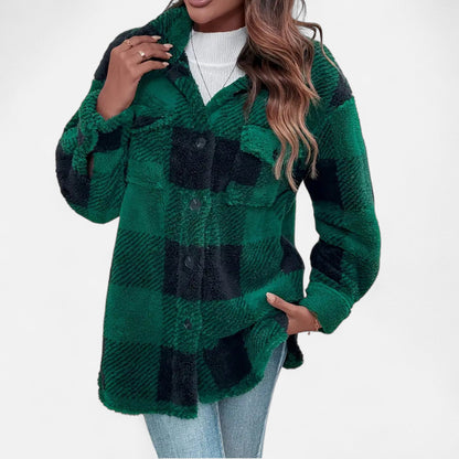 Geruite teddy shacket dames met knoopsluiting en oversized pasvorm