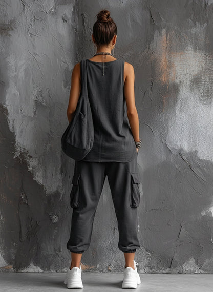 Mouwloze tweedelige set met cargo joggingbroek voor dames