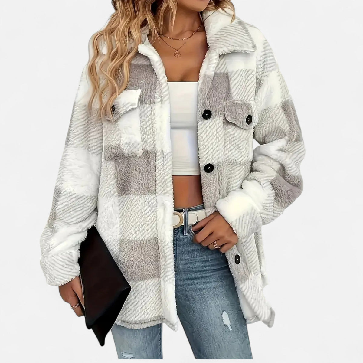 Geruite teddy shacket dames met knoopsluiting en oversized pasvorm
