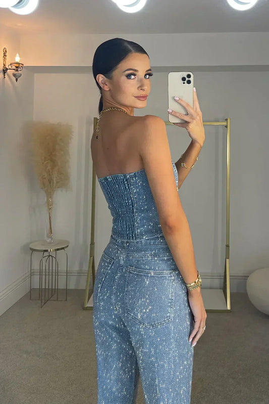 Strapless tweedelige set dames met glitter top en straight leg broek