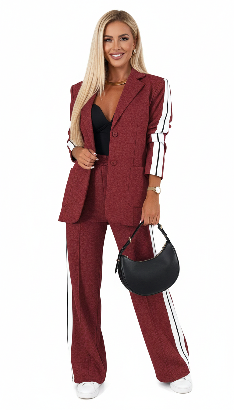 Tweedelig broekpak dames met blazer en wijde broek met zijstreep