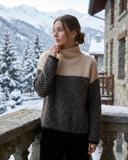 Gebreide oversized trui dames met colkraag en visgraatmotief