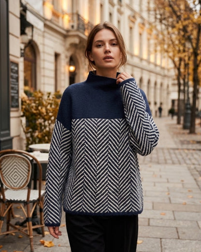Gebreide oversized trui dames met colkraag en visgraatmotief