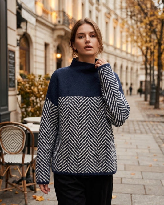Gebreide oversized trui dames met colkraag en visgraatmotief
