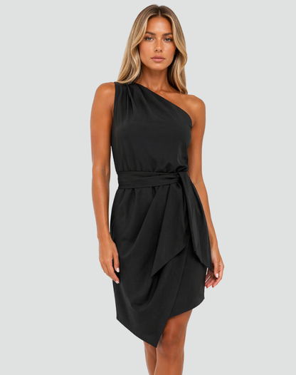 One shoulder jurk dames met strikceintuur en asymmetrische zoom