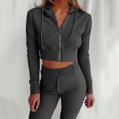 Geribbelde tweedelige set dames met crop hoodie en broek met hoge taille