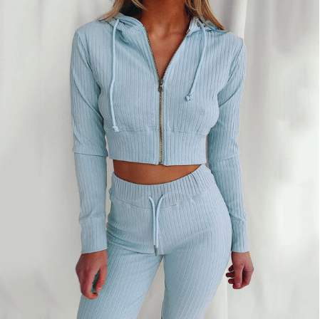 Geribbelde tweedelige set dames met crop hoodie en broek met hoge taille