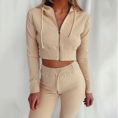 Geribbelde tweedelige set dames met crop hoodie en broek met hoge taille