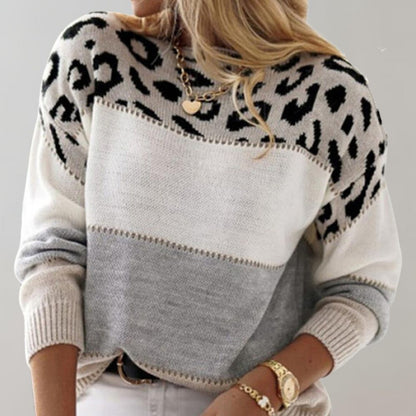 Gebreide trui dames met ronde hals, panterprint en colourblock