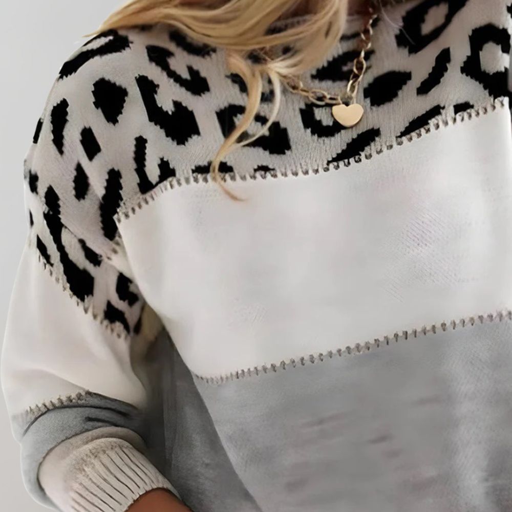 Gebreide trui dames met ronde hals, panterprint en colourblock