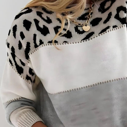 Gebreide trui dames met ronde hals, panterprint en colourblock