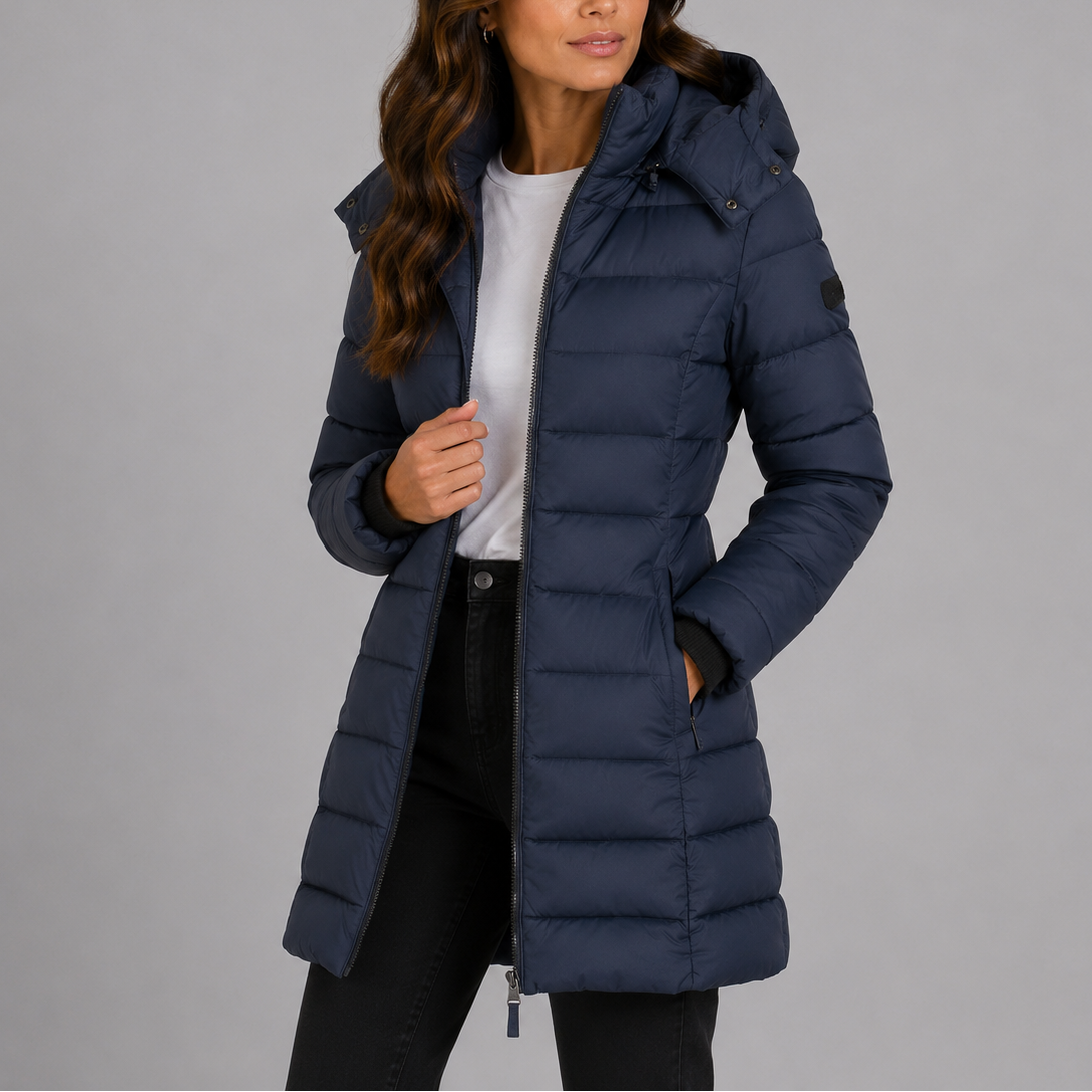 Lange puffer jas dames met capuchon en volledige ritssluiting