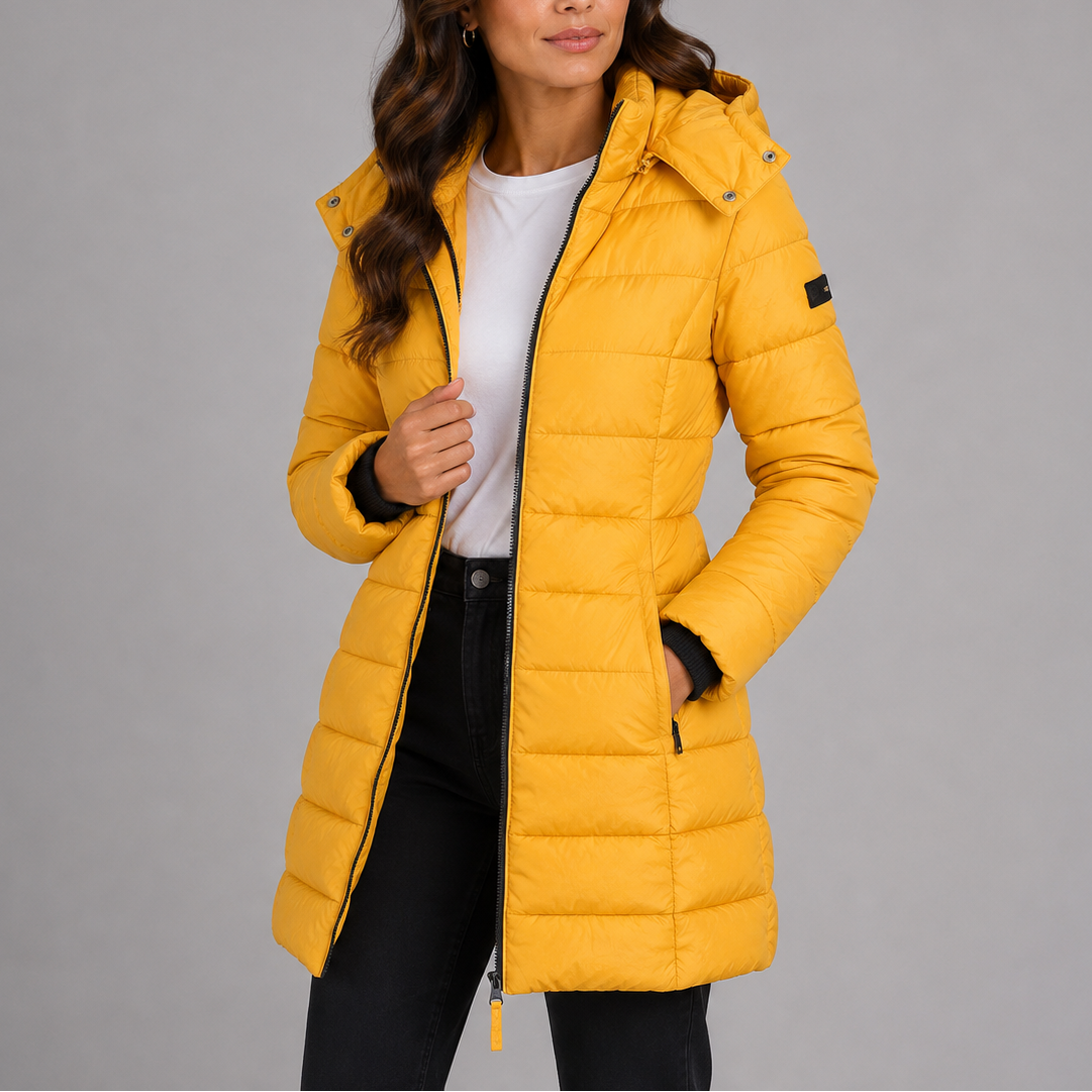 Lange puffer jas dames met capuchon en volledige ritssluiting