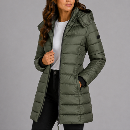 Lange puffer jas dames met capuchon en volledige ritssluiting