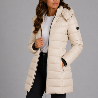 Lange puffer jas dames met capuchon en volledige ritssluiting
