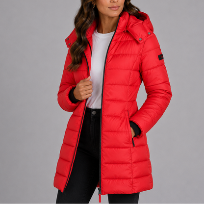 Lange puffer jas dames met capuchon en volledige ritssluiting