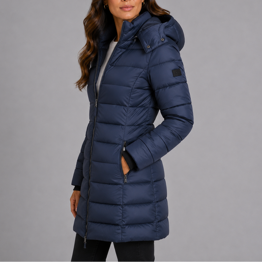 Lange puffer jas dames met capuchon en volledige ritssluiting