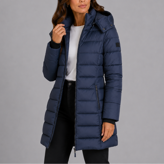 Lange puffer jas dames met capuchon en volledige ritssluiting