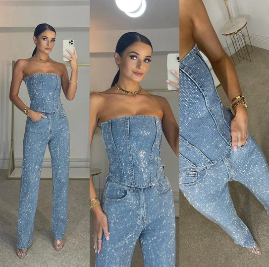 Strapless tweedelige set dames met glitter top en straight leg broek
