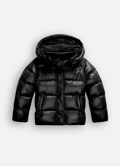 Glanzende puffer winterjas dames met capuchon en rits