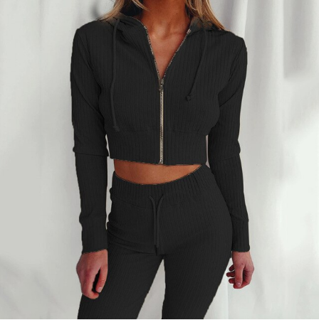 Geribbelde tweedelige set dames met crop hoodie en broek met hoge taille