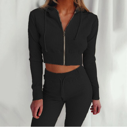 Geribbelde tweedelige set dames met crop hoodie en broek met hoge taille