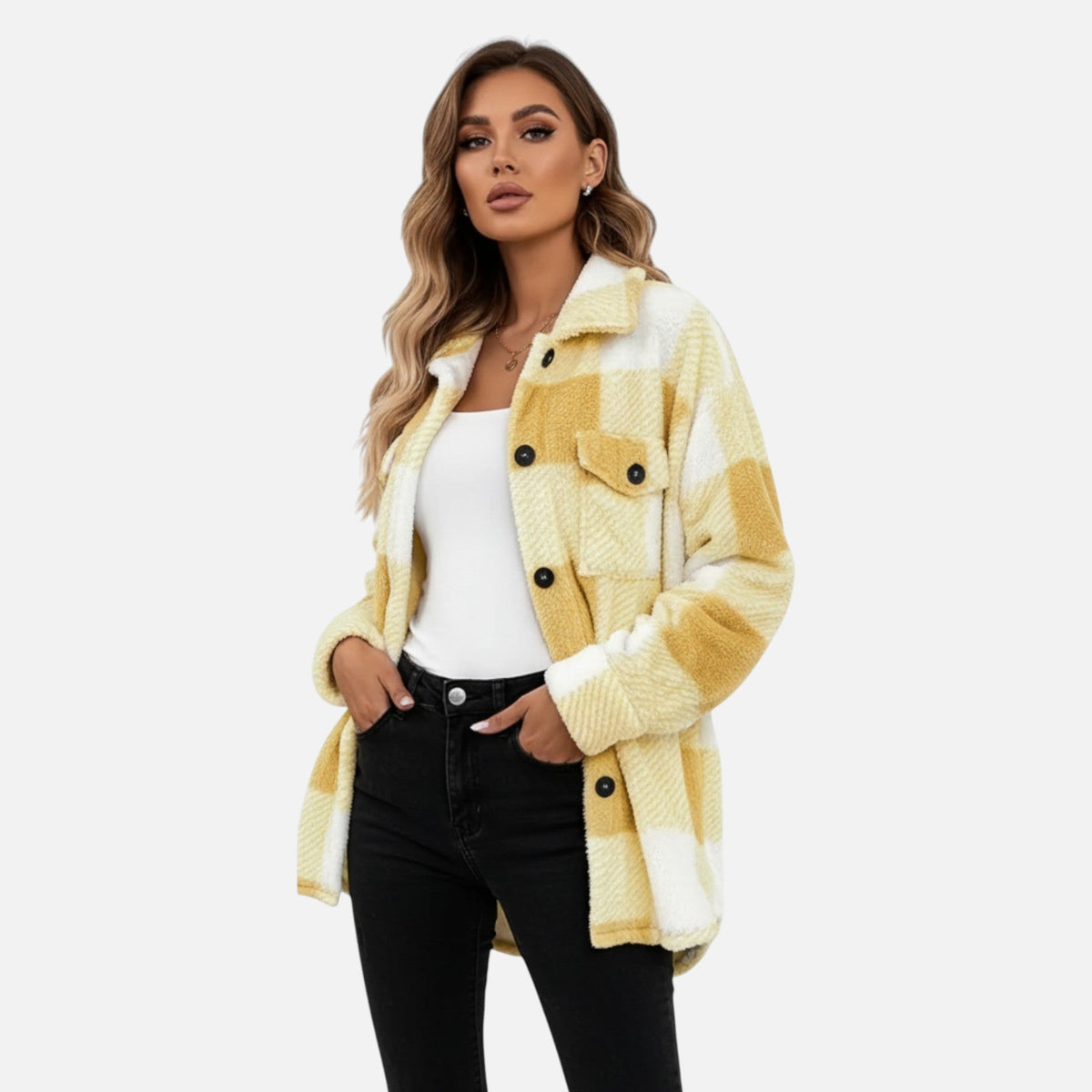 Geruite teddy shacket dames met knoopsluiting en oversized pasvorm