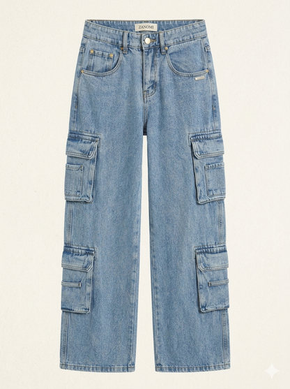 Baggy cargo jeans dames met wijde pijpen en middelhoge taille