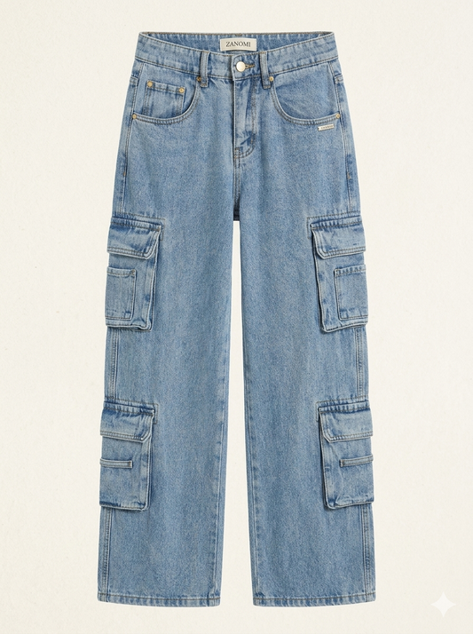 Baggy cargo jeans dames met wijde pijpen en middelhoge taille