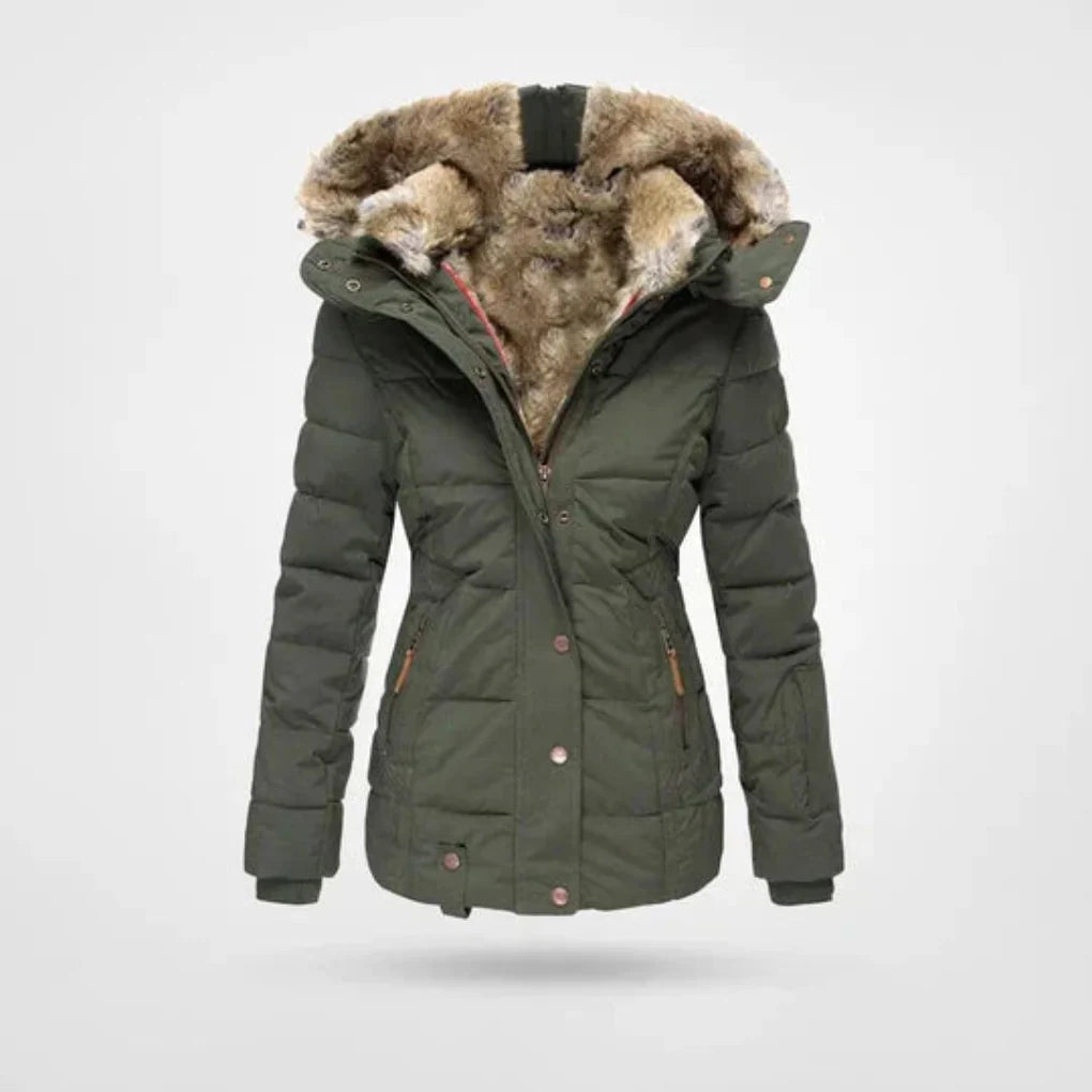 Getailleerde gewatteerde winterjas dames met faux fur capuchon en ritszakken